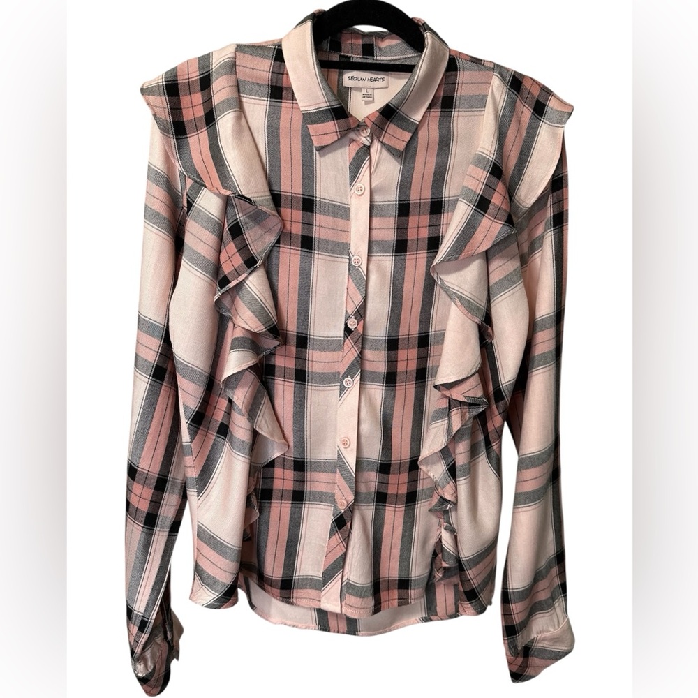 Sequin Hearts Plaid Ruffle Button Down Top